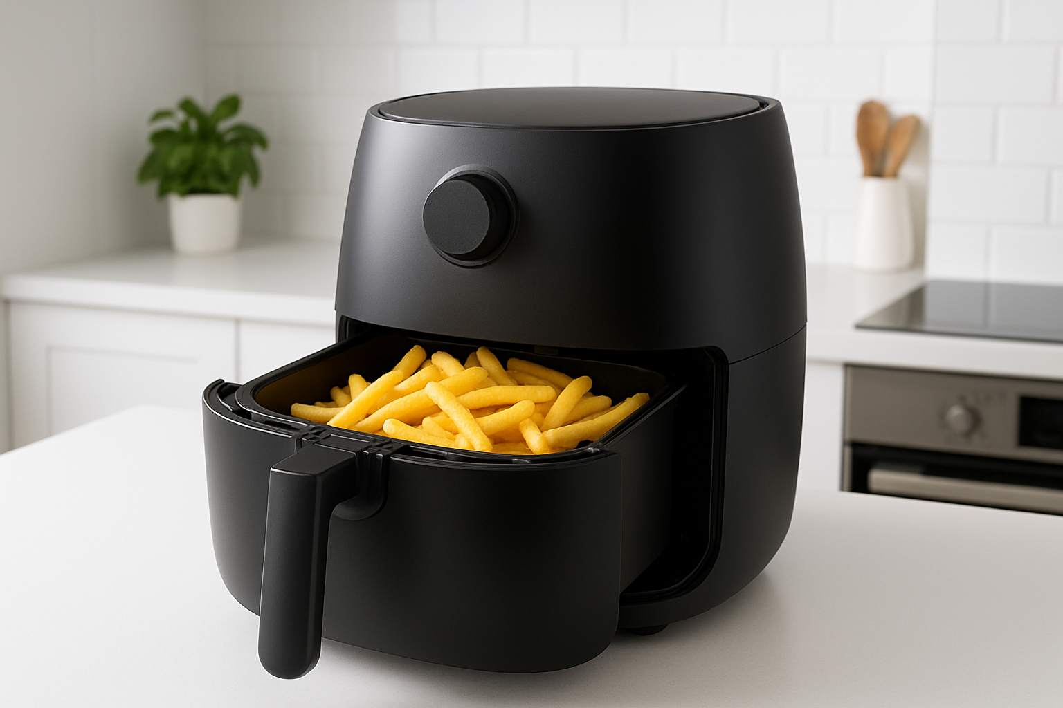 Modern air fryer on a kitchen counter with crispy fries in the open basket
