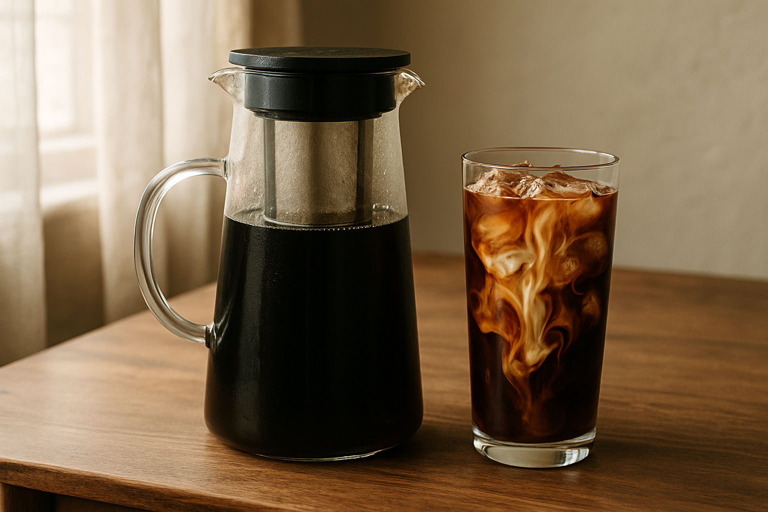 Cold brew coffee maker and glass of iced coffee on a wooden kitchen table