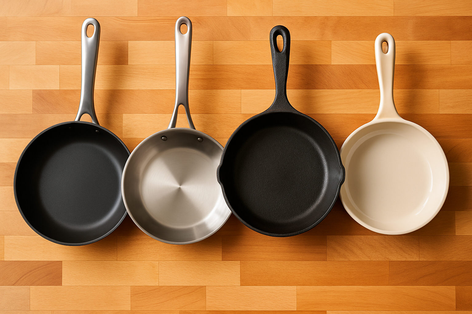 Four pans of different materials — nonstick, stainless, cast iron and ceramic — side by side