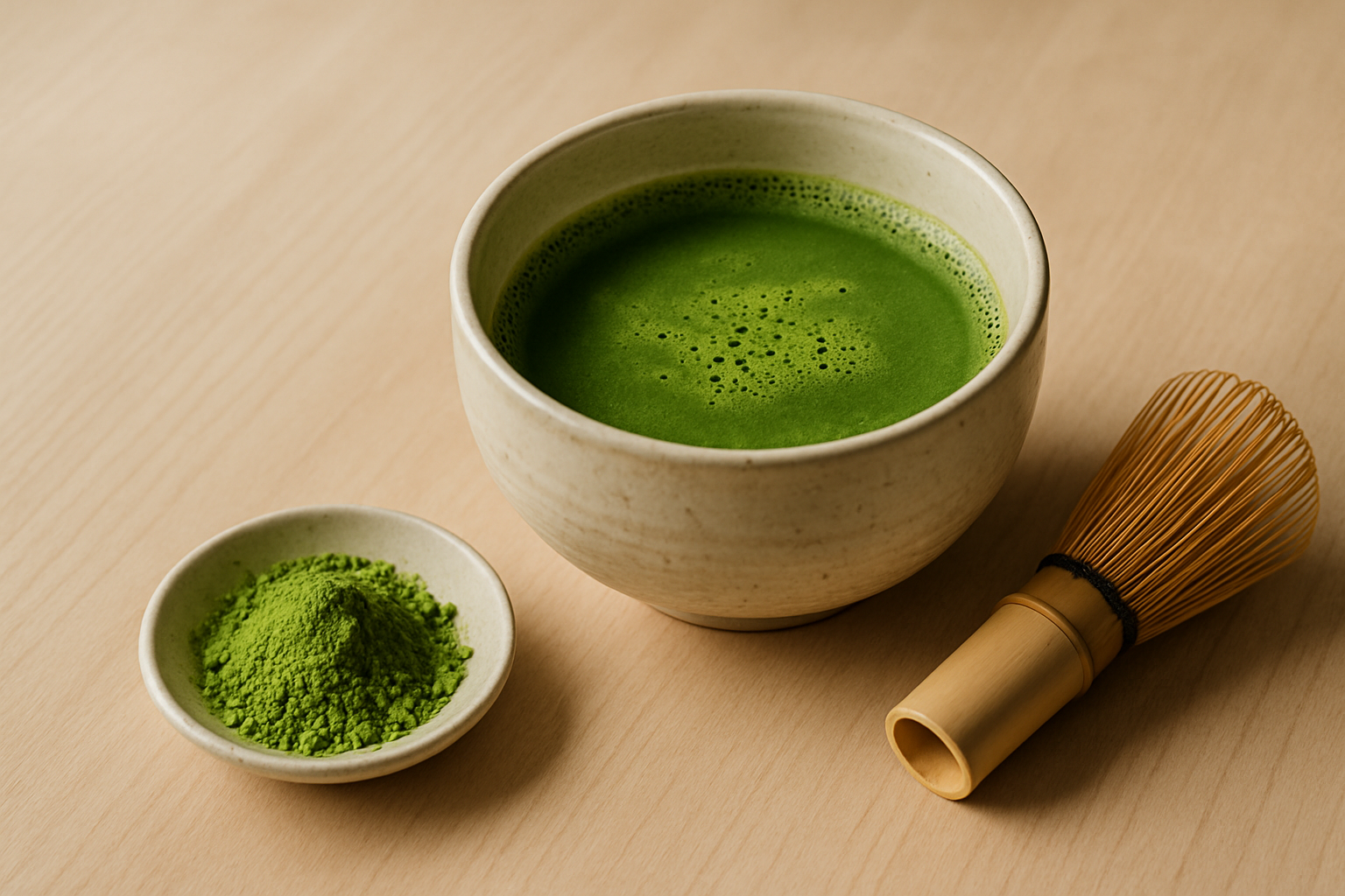 Matcha bowl with bamboo whisk and green tea powder on a minimalist table
