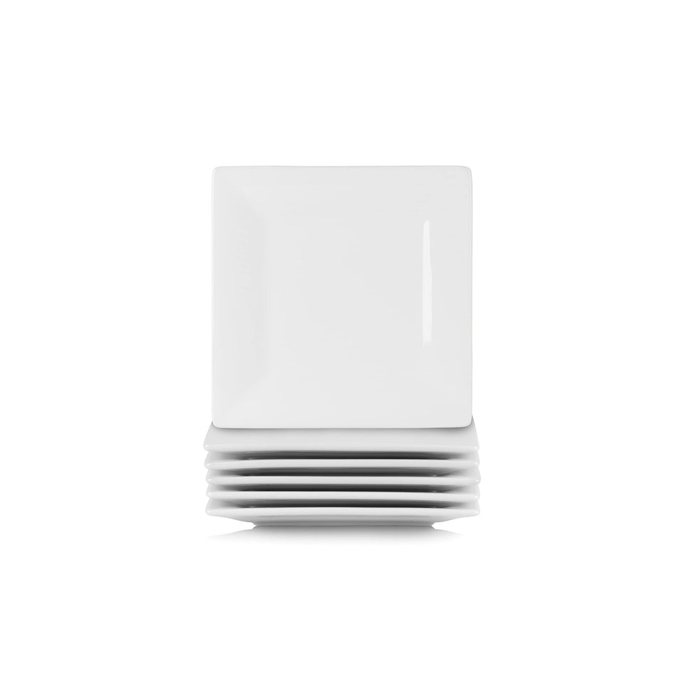 10 strawberry street simply white 6-inch square plate displays crisp porcelain for elegant appetizers.