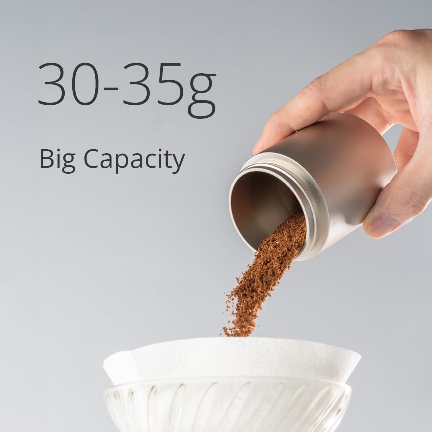 1Zpresso J Manual Coffee Grinder 35g capacity, shows measured grounds for pour-over.