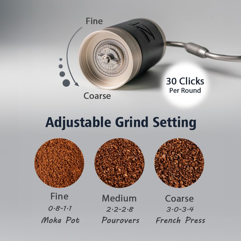 1Zpresso J Manual Coffee Grinder burr assembly visible, highlights durable stainless steel conical burrs.
