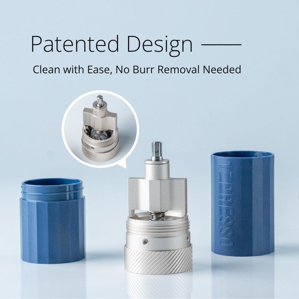 1Zpresso Q Air manual grinder, burr assembly, durable stainless conical burr for consistency.