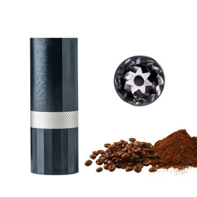 1Zpresso Q Air manual grinder in black, front view, travel-friendly pour-over companion.