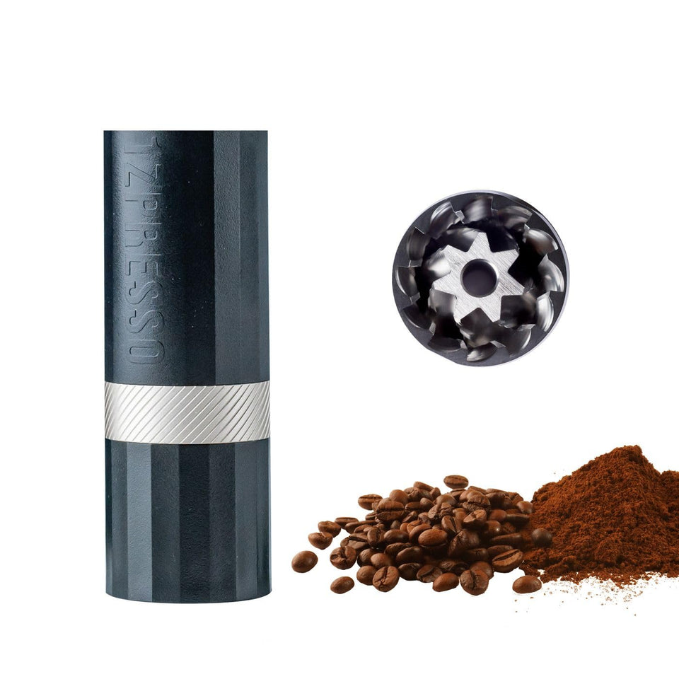 1Zpresso Q Air manual grinder in black, front view, travel-friendly pour-over companion.