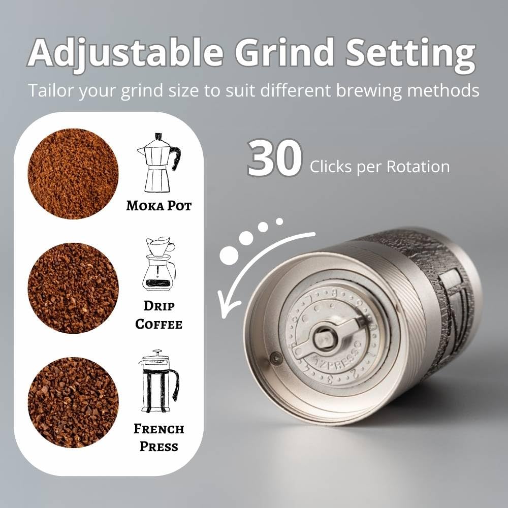1Zpresso Q 30-click dial allows precise grind size adjustment.