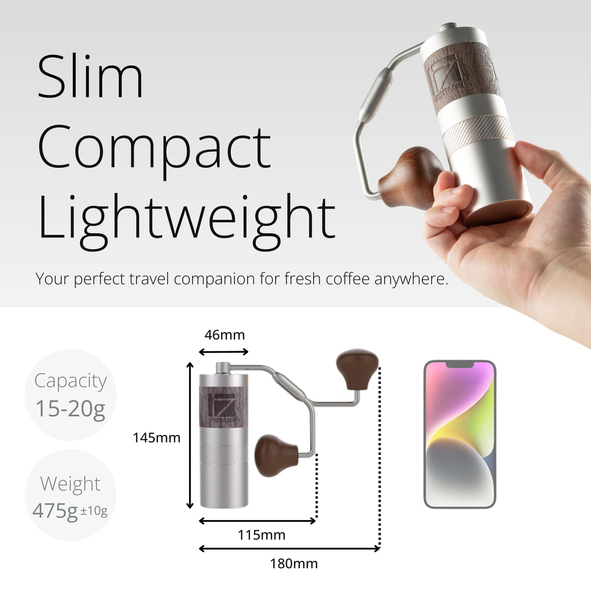 1Zpresso Q grinder foldable handle enabling compact, travel-ready grinding.