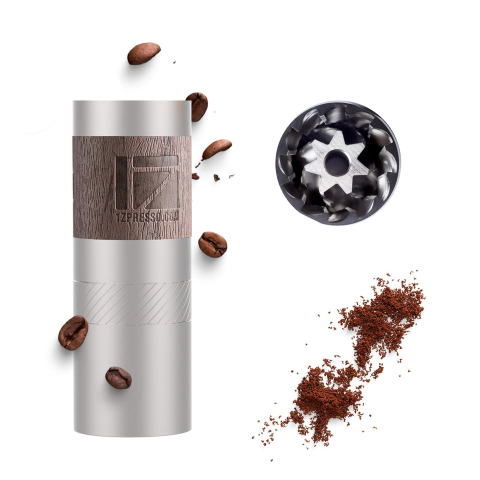 1Zpresso Q manual grinder with metal body and conical burr for durable grinding.
