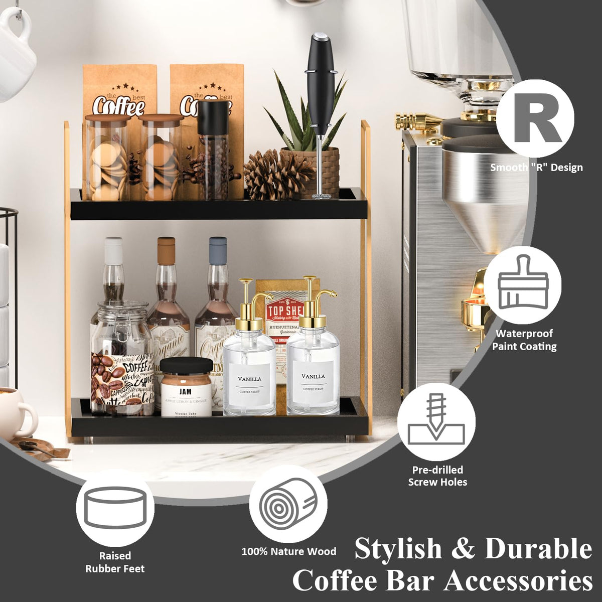 2087 Coffee Bar versatile countertop organizer fits kitchen, bathroom, or office spaces.