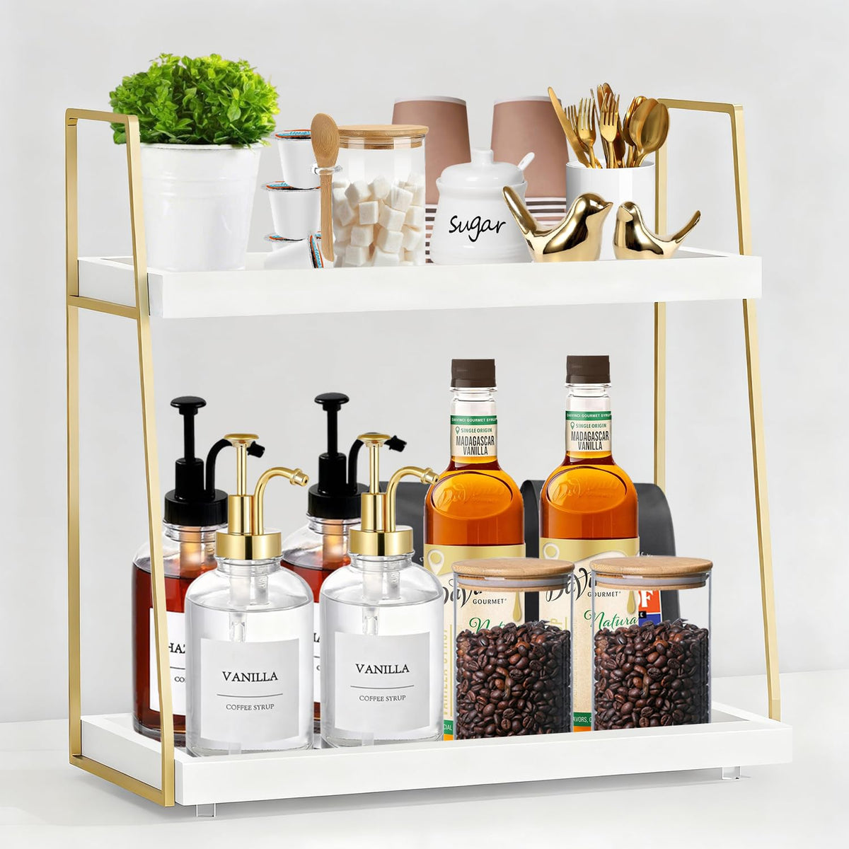 2087 Coffee Bar Organizer top shelf displays syrups and cups for easy access