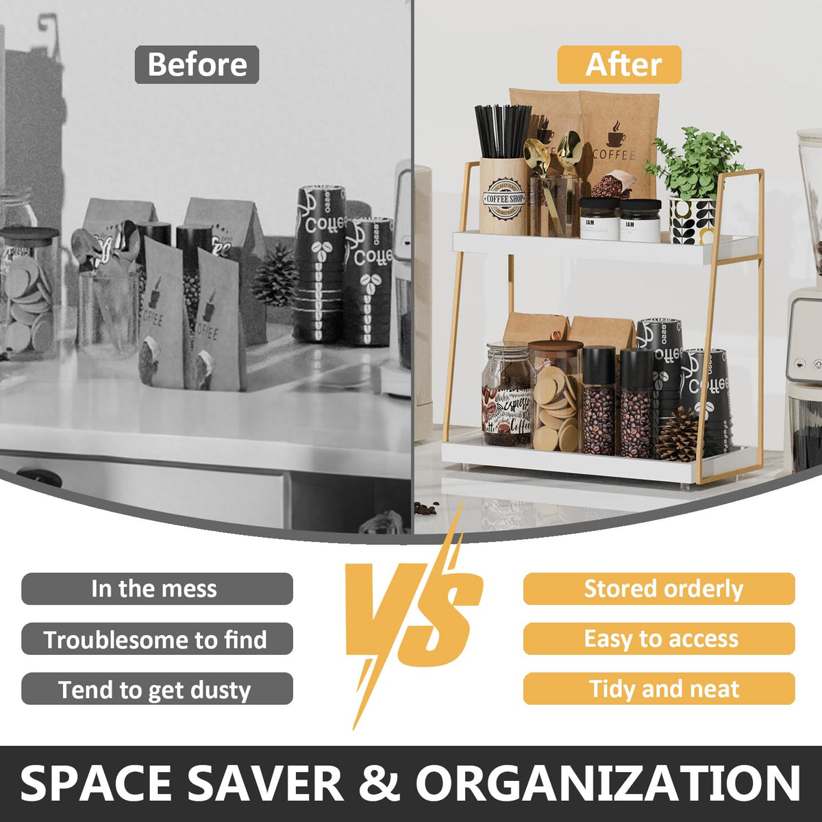 2087 Coffee Bar Organizer in white and gold finish enhances decor and vibe