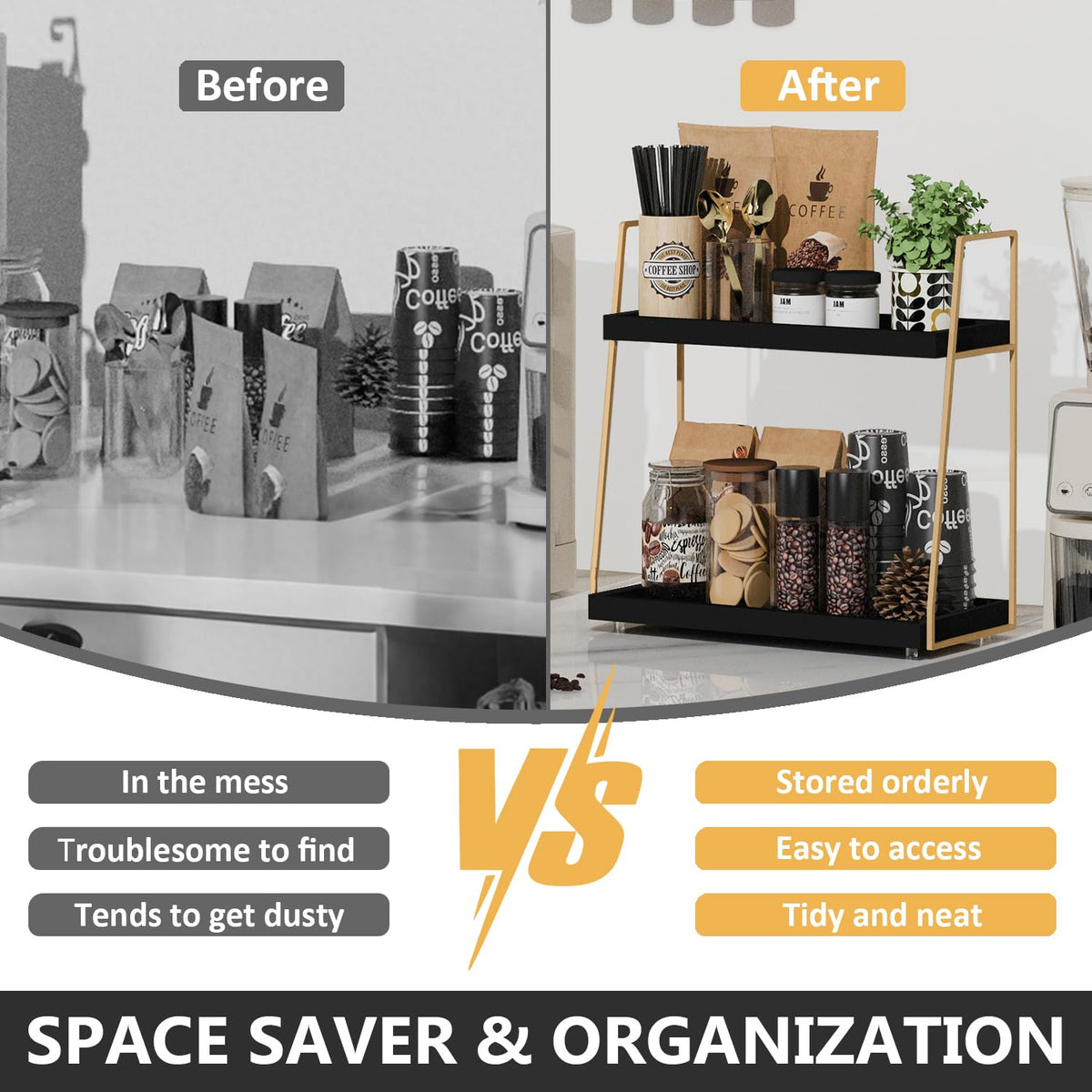 2087 Coffee Bar with syrups and cups neatly organized, quick access for busy mornings.
