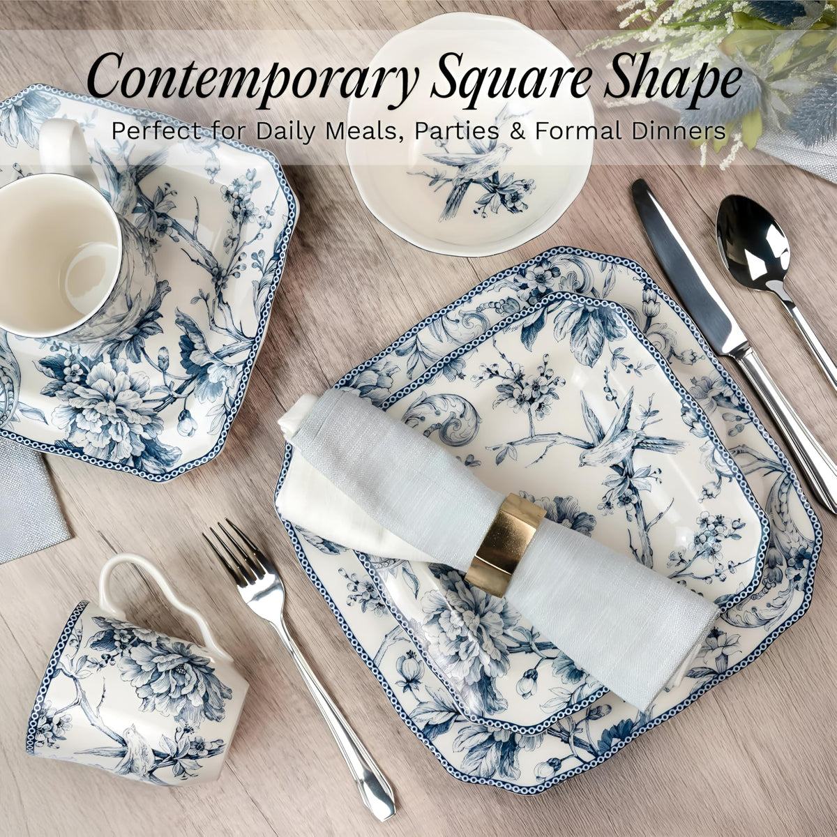 222 Fifth Adelaide blue floral square bowl, chip-resistant and microwave safe for everyday meals.