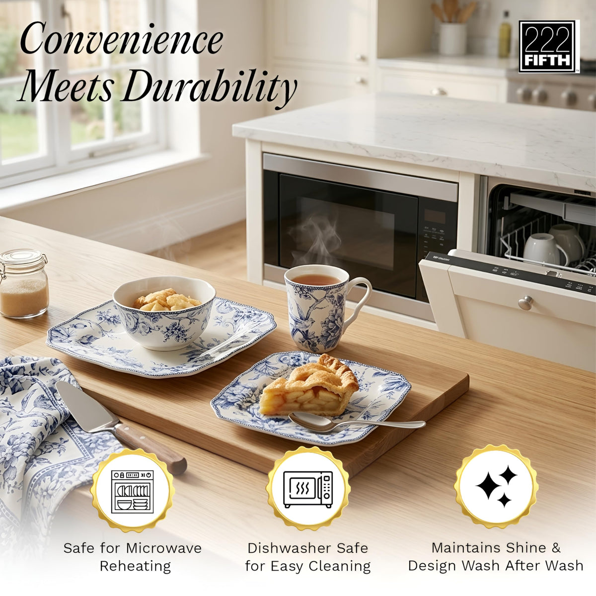 222 Fifth Adelaide blue floral square cup, stackable design for easy storage.