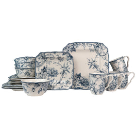 222 Fifth Adelaide blue floral square dinner plate, durable porcelain for everyday dining.