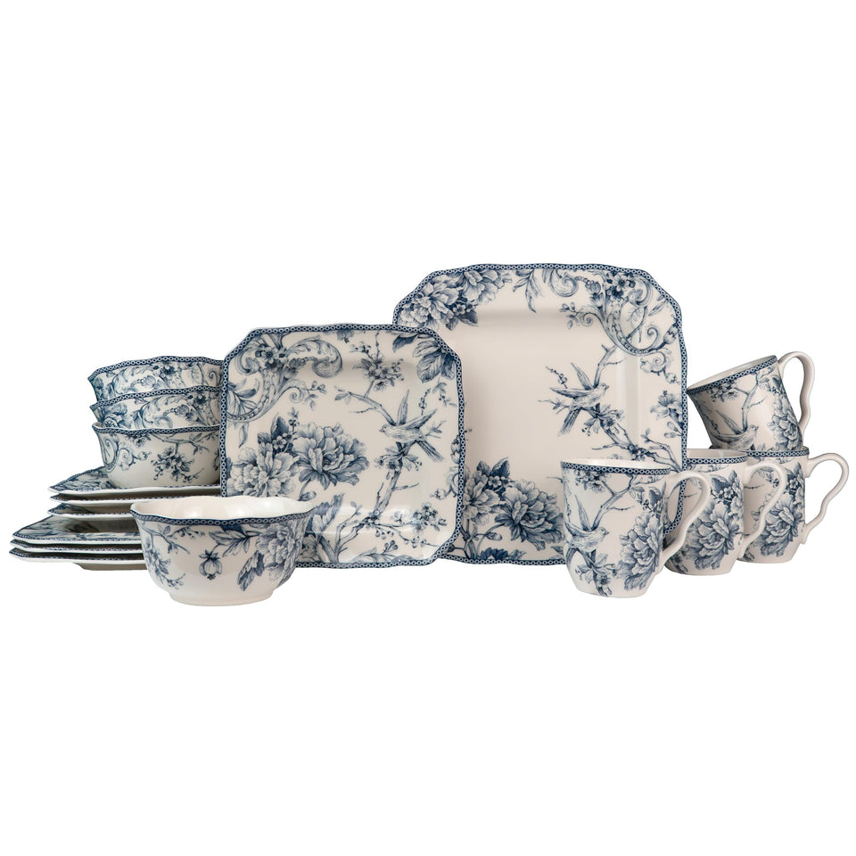 222 Fifth Adelaide blue floral square dinner plate, durable porcelain for everyday dining.