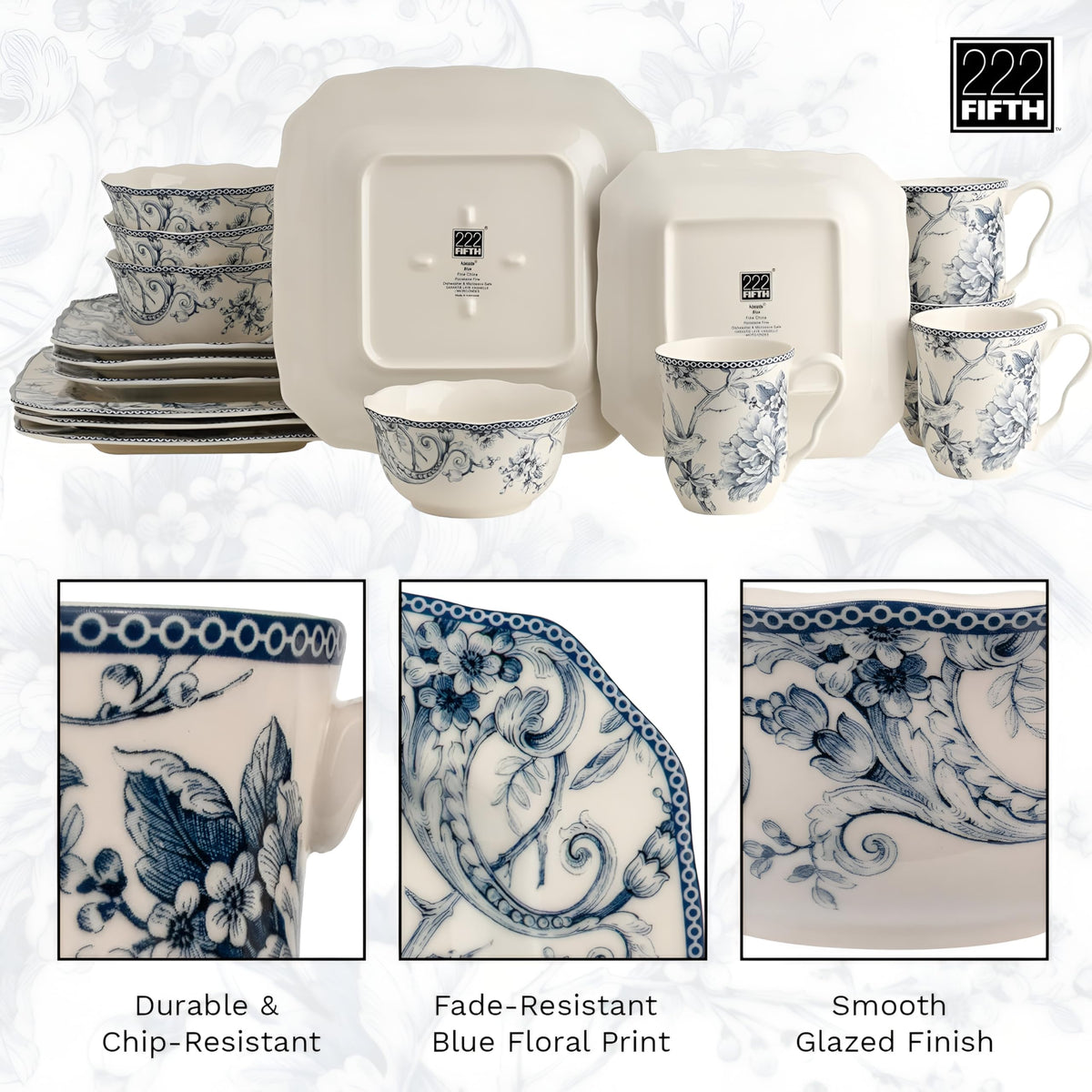 Stacked 222 Fifth Adelaide square dinnerware saves cabinet space.