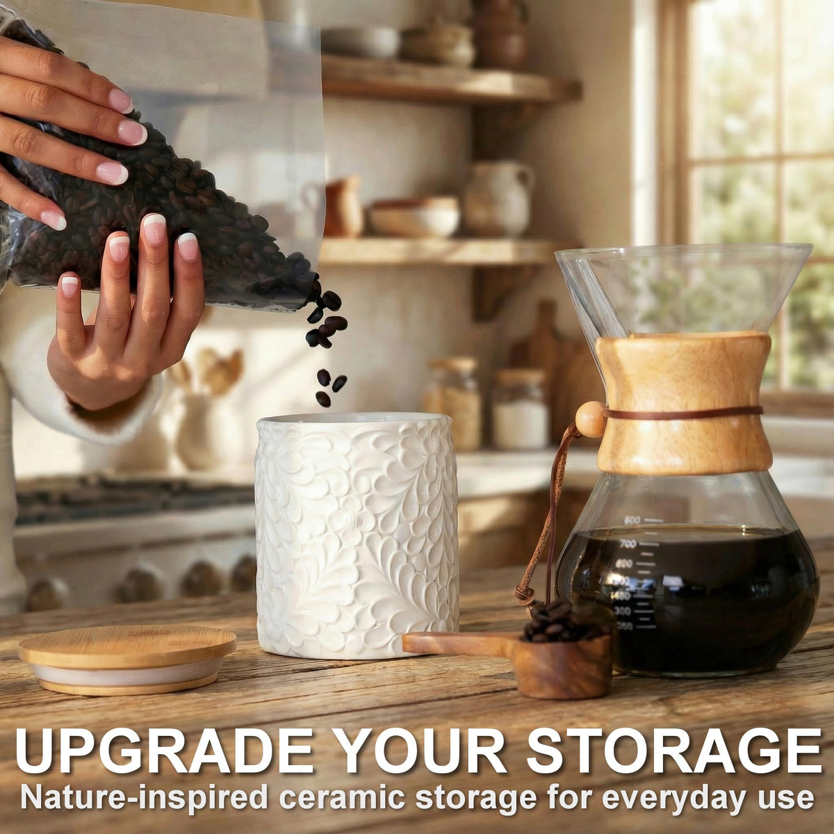 25DOL airtight ceramic canister with bamboo lid preserves coffee grounds aroma.