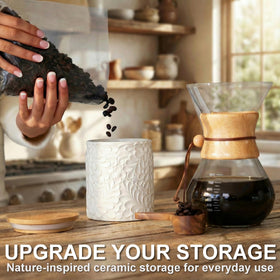 25DOL airtight ceramic canister with bamboo lid preserves coffee grounds aroma.