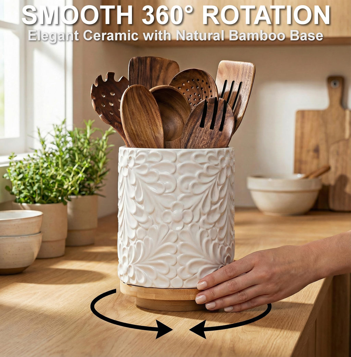 25DOL ceramic utensil crock with bamboo base keeps utensils neatly displayed