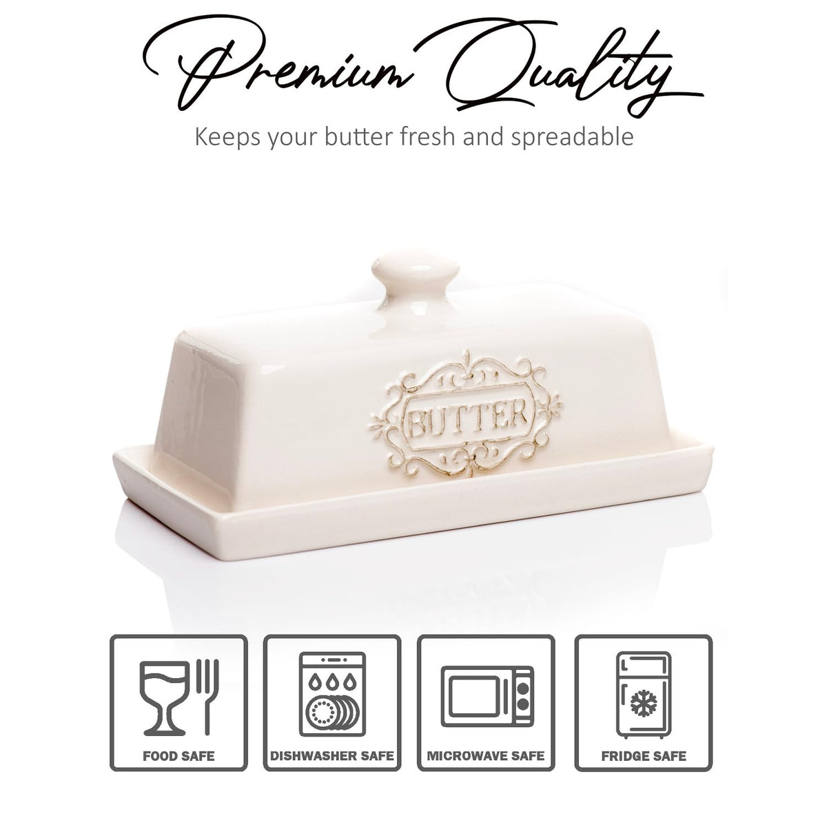 Engraved Butter lid sides clarify contents with farmhouse charm