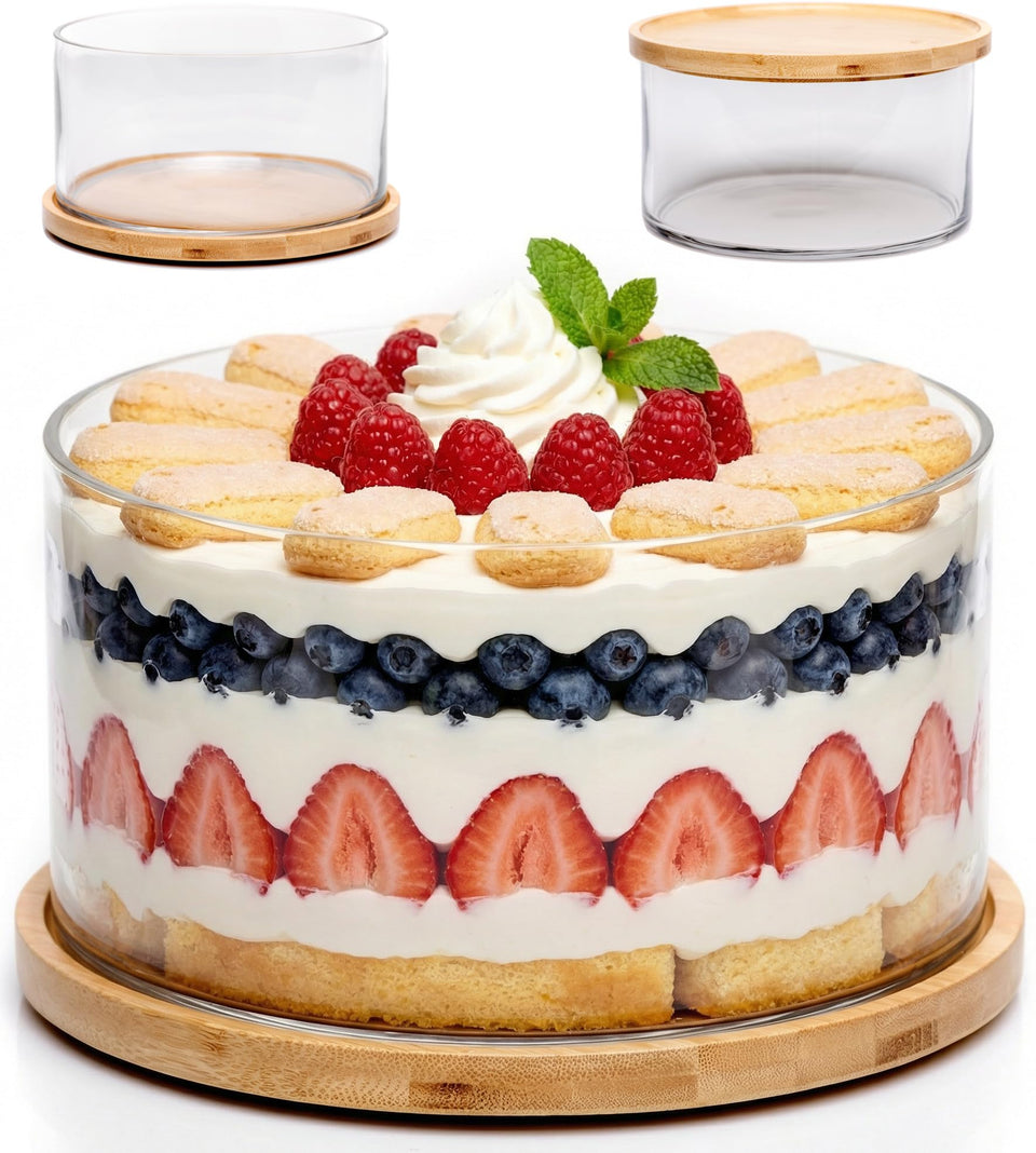25DOL Extra Large hand-blown glass bowl with bamboo lid for stylish entertaining.