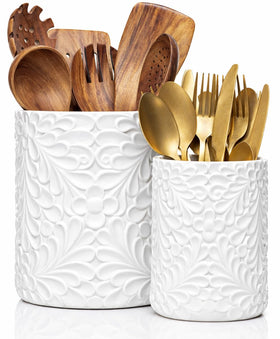 25DOL large ceramic utensil holder front view shows elegant engraving and countertop organization