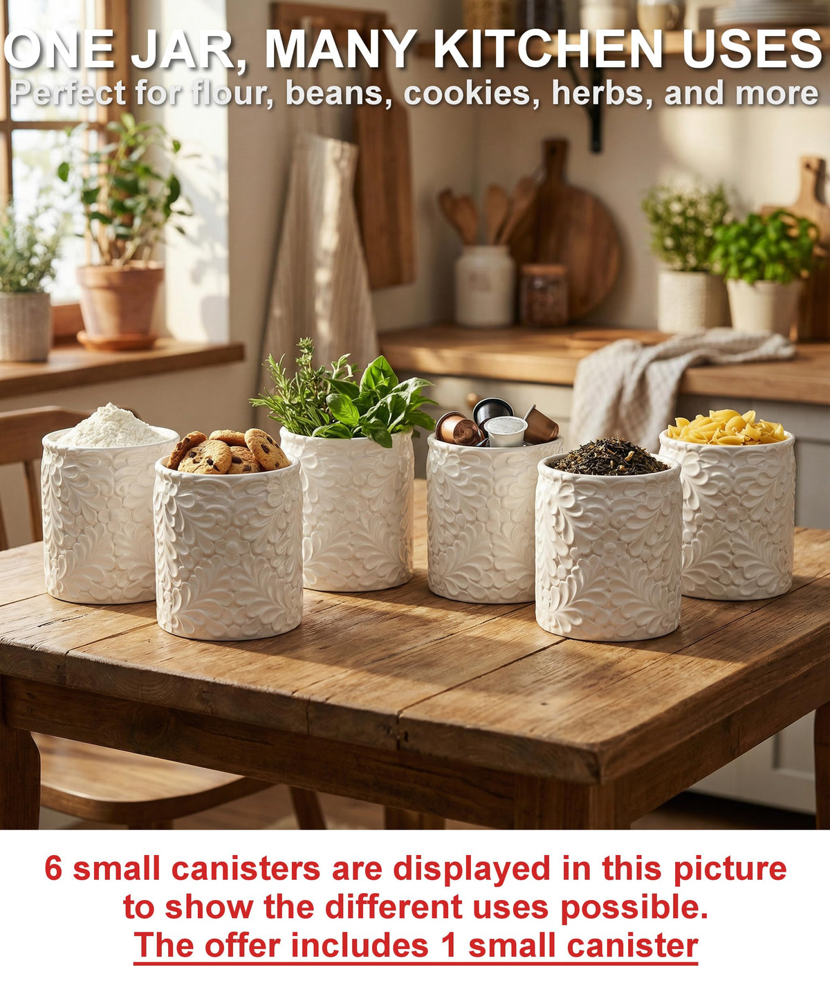 25DOL nature engraving on ceramic canister adds rustic kitchen decor appeal.