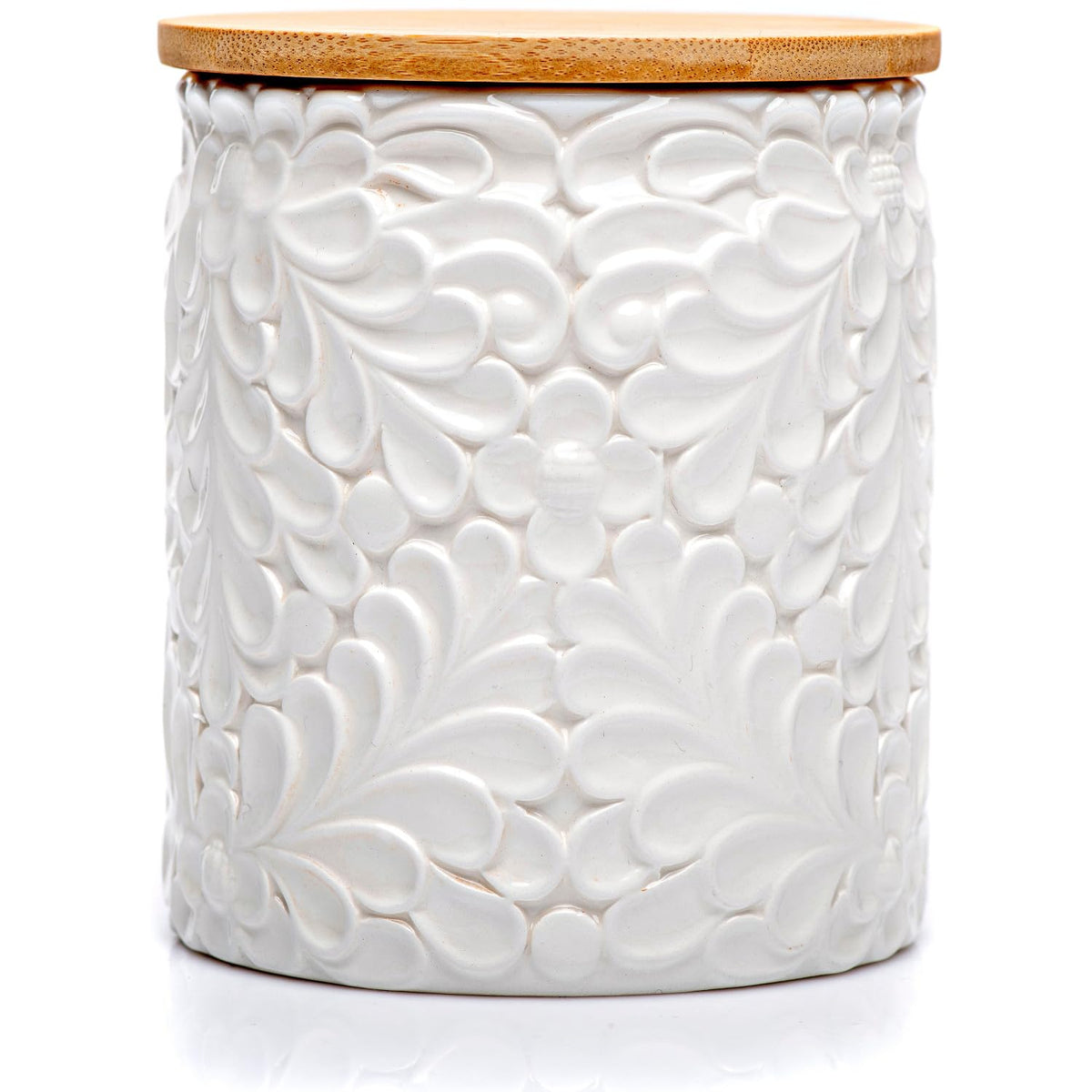 25DOL small engraved ceramic canister with bamboo lid for pantry storage and freshness.