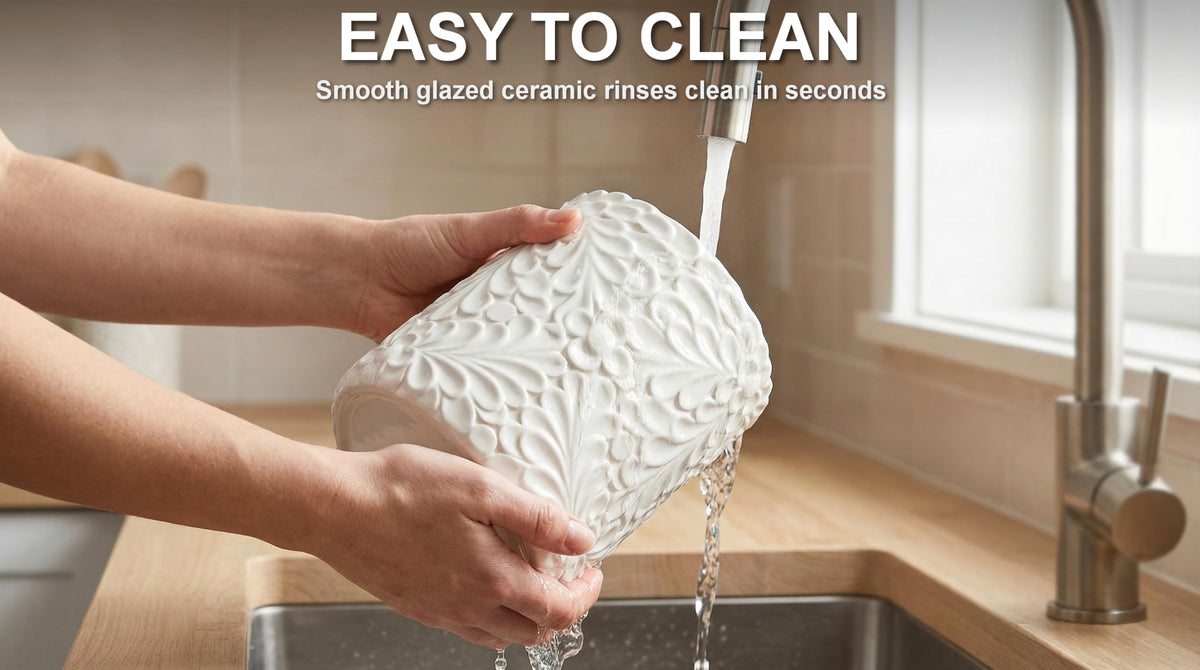 25DOL white ceramic set on countertop adds clean, stylish appeal
