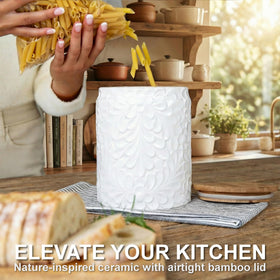 25DOL XXL ceramic canister with bamboo lid provides airtight freshness for pantry staples.