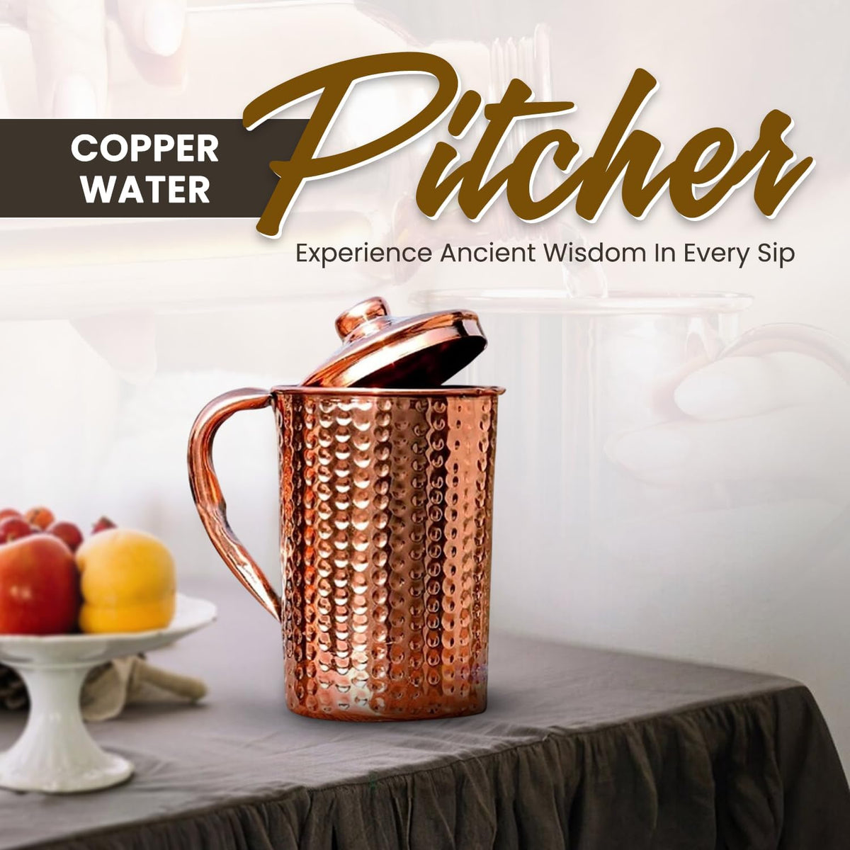 2activelife copper pitcher with lid keeps water covered and ready to pour.