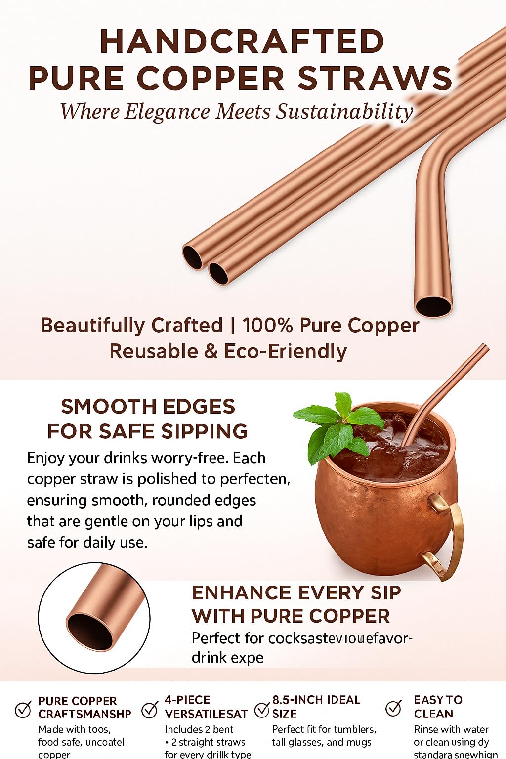 Closeup of handcrafted 2activelife copper straw showing premium texture