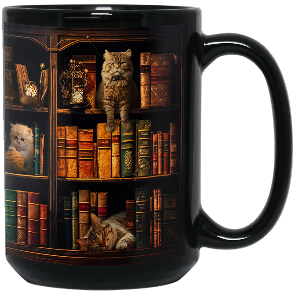2IMT Cat Book Mug with library shelf pattern keeps drinks warm while you read.