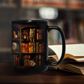 2IMT Library Cat Mug Print is playful yet practical for hot drinks.