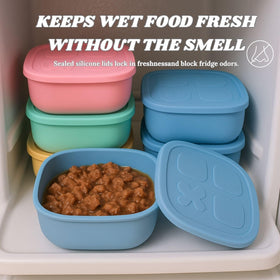 Stackable 2ME pet food containers maximize freezer space