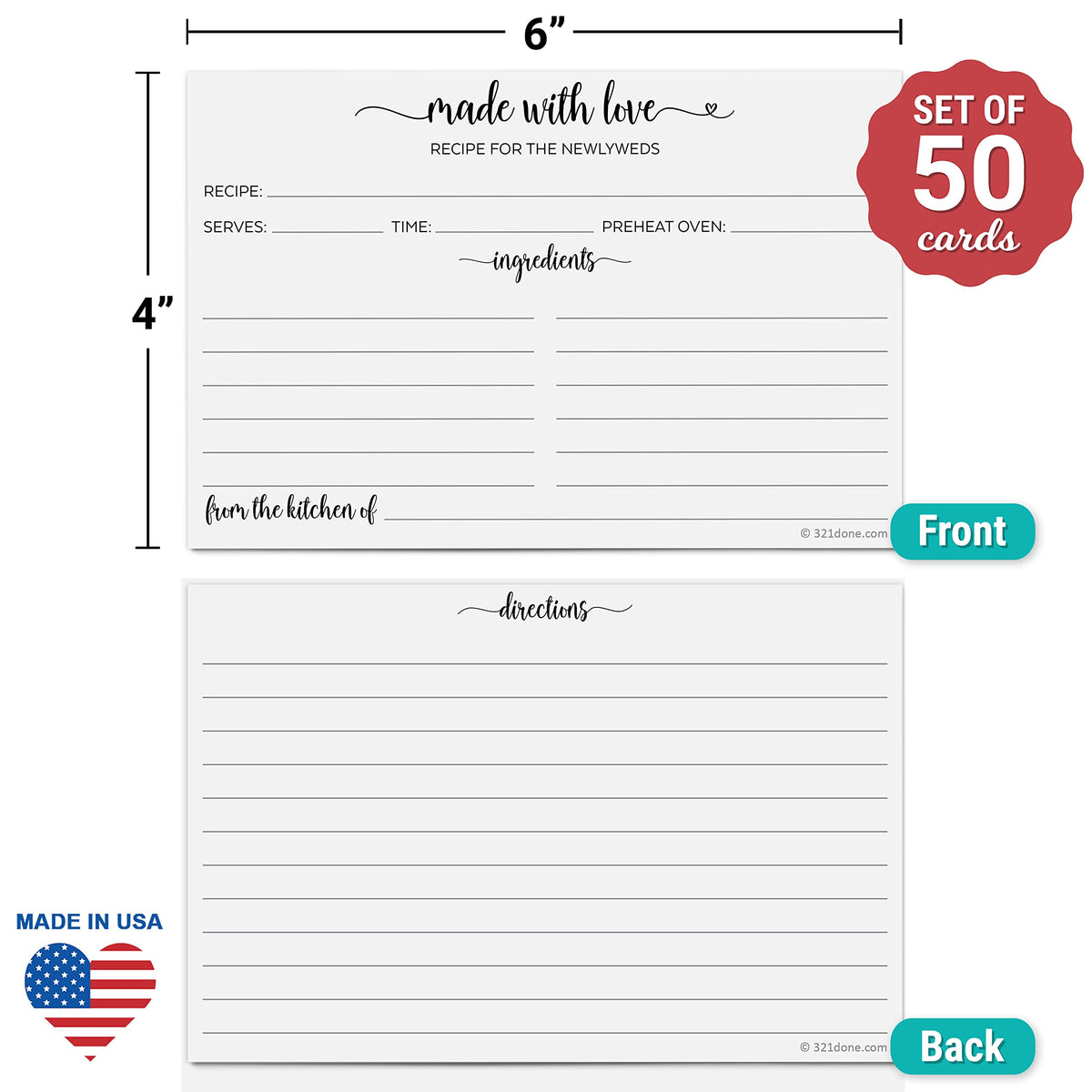 321Done Newlyweds recipe cards back view showing double-sided layout for ample writing space.