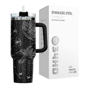 34HD Space Galaxy Tumbler close-up of silver spacecraft line-art