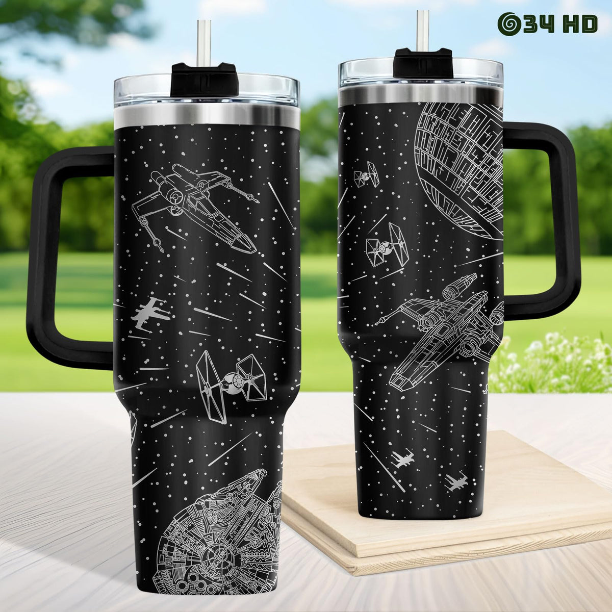 34HD Space Galaxy Tumbler matte black finish enhances durability and style
