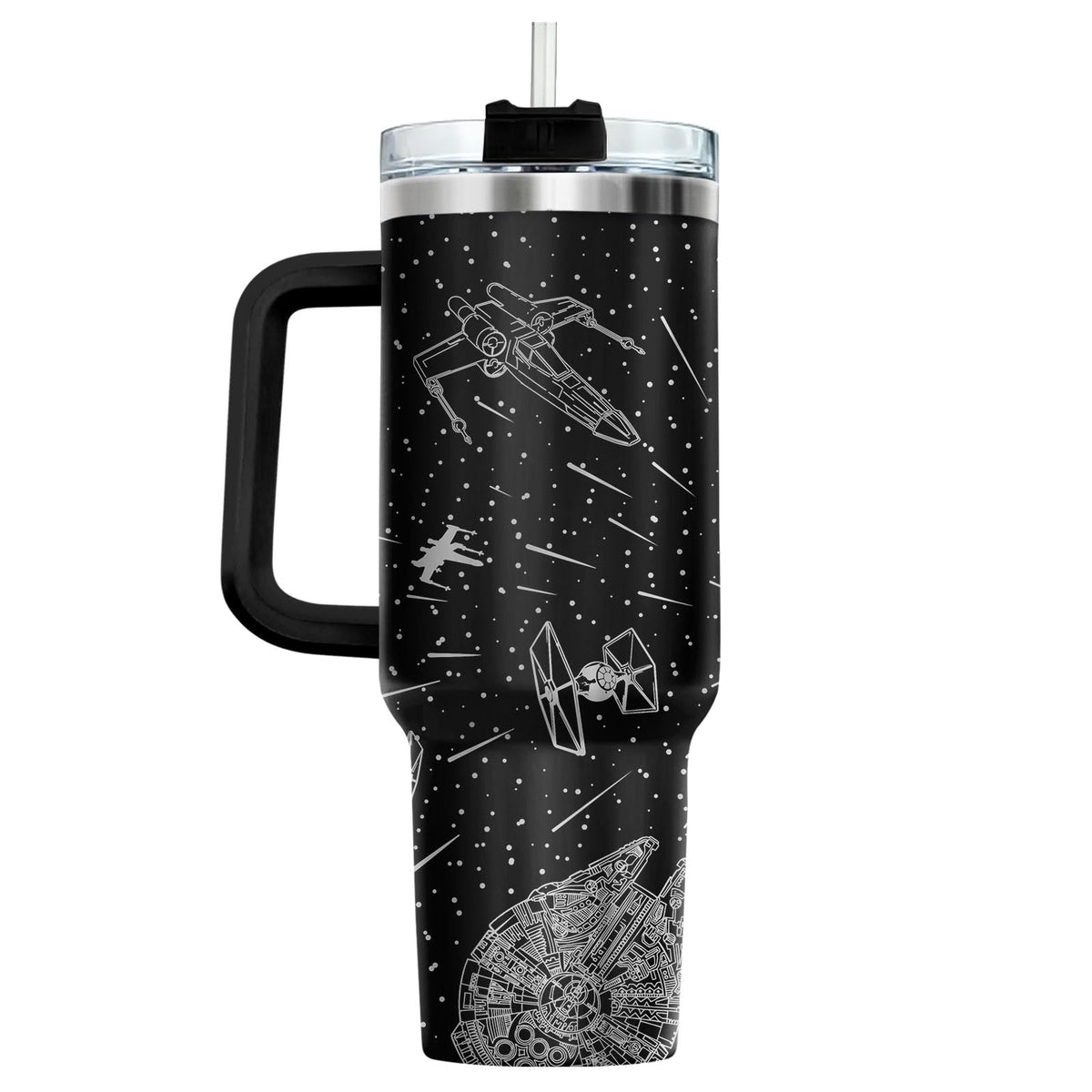 34HD Space Galaxy Tumbler side view with ergonomic handle for easy transport