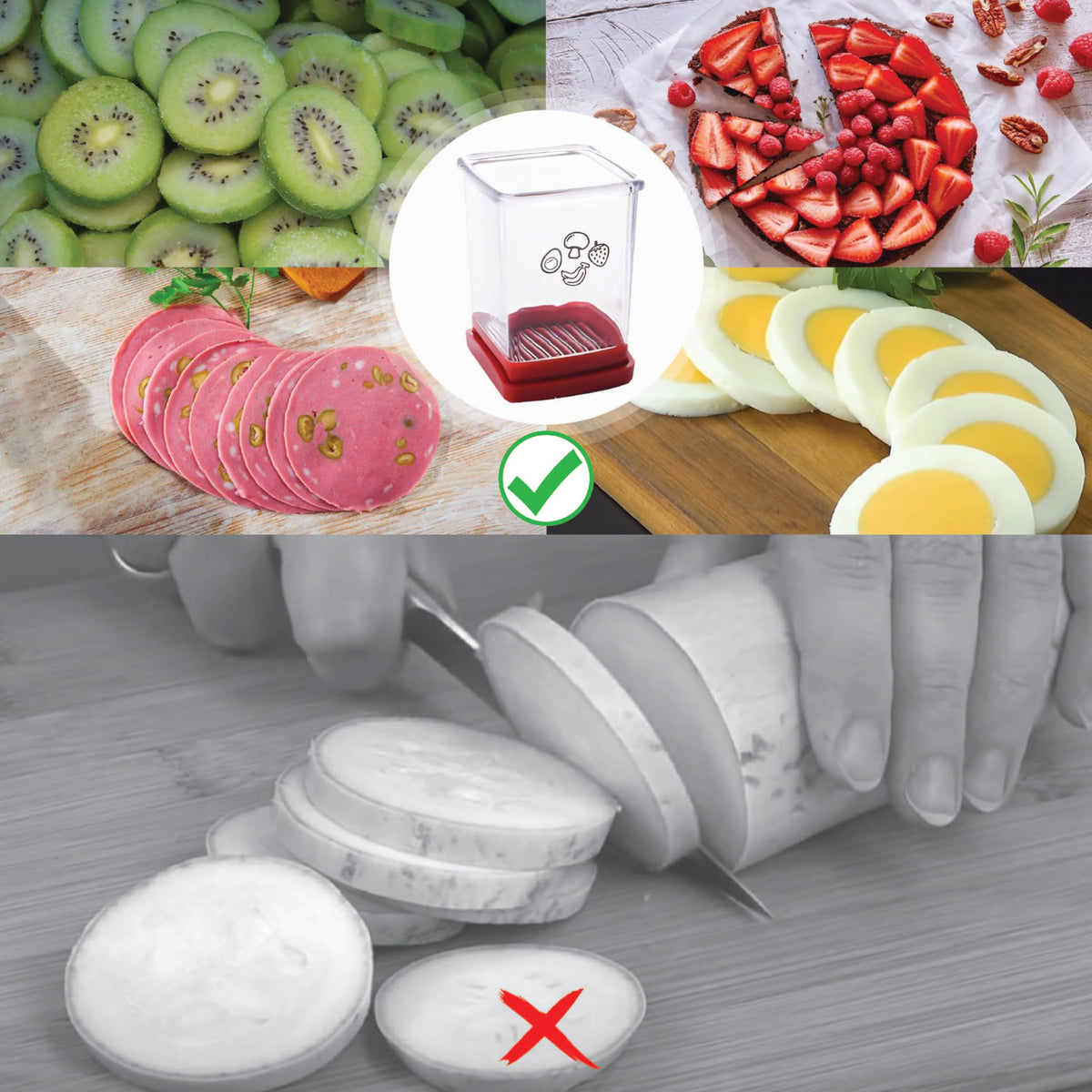 365Home fruit cutter cup slicer produces neat banana rounds for breakfast bowls.