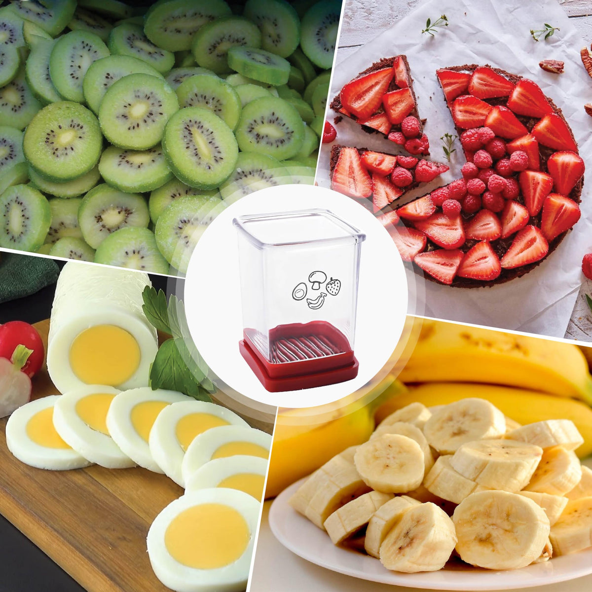 365Home fruit cutter cup slicer yields consistent mushroom slices for salads and stir-fries.