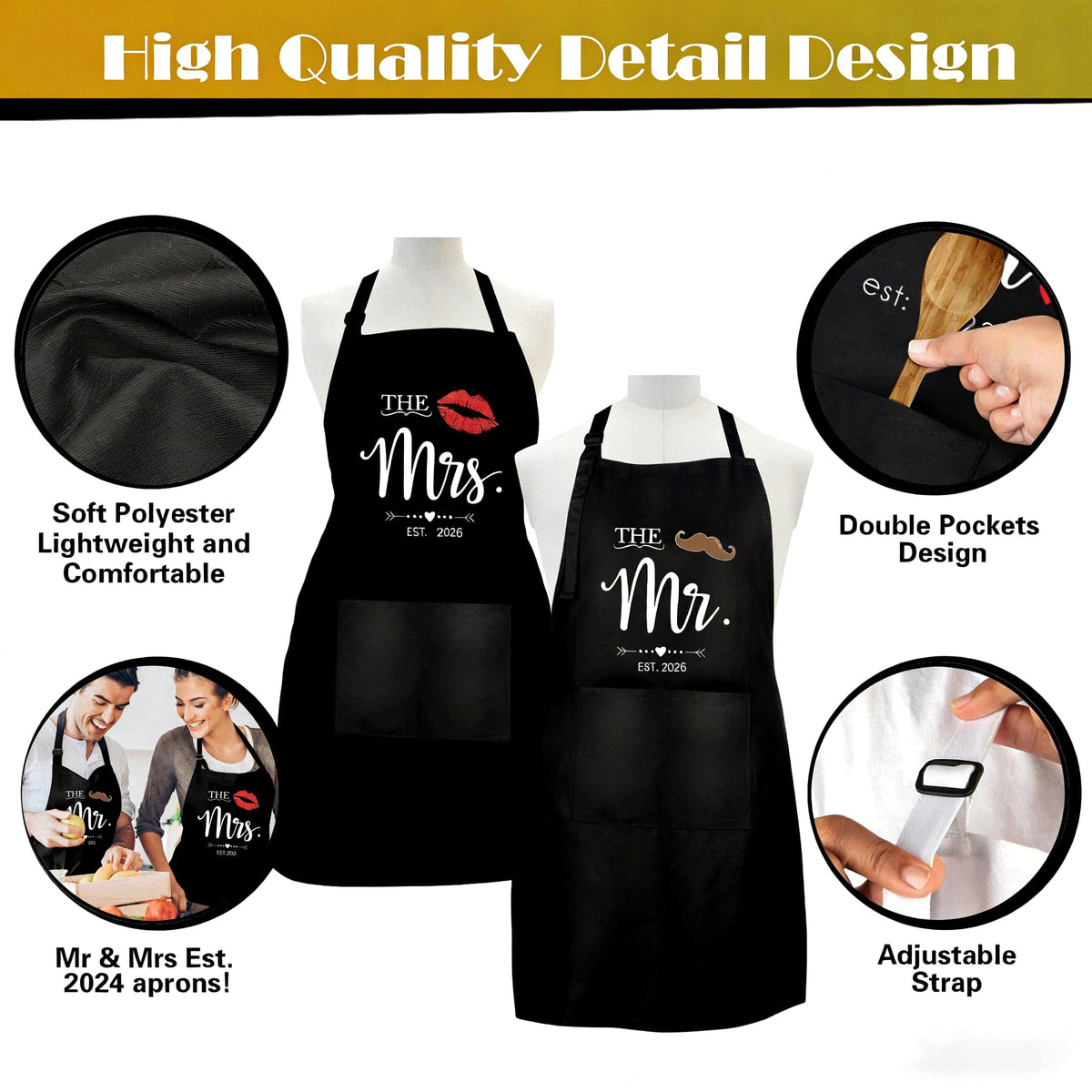 4MELLY Mr Mrs Est 2026 apron front pocket ready for kitchen tasks