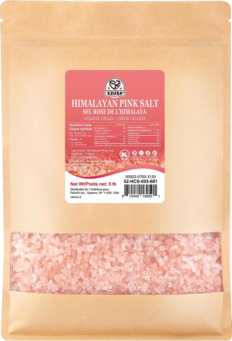 52USA Himalayan Salt in coarse grains ready for grinder refills and cooking.