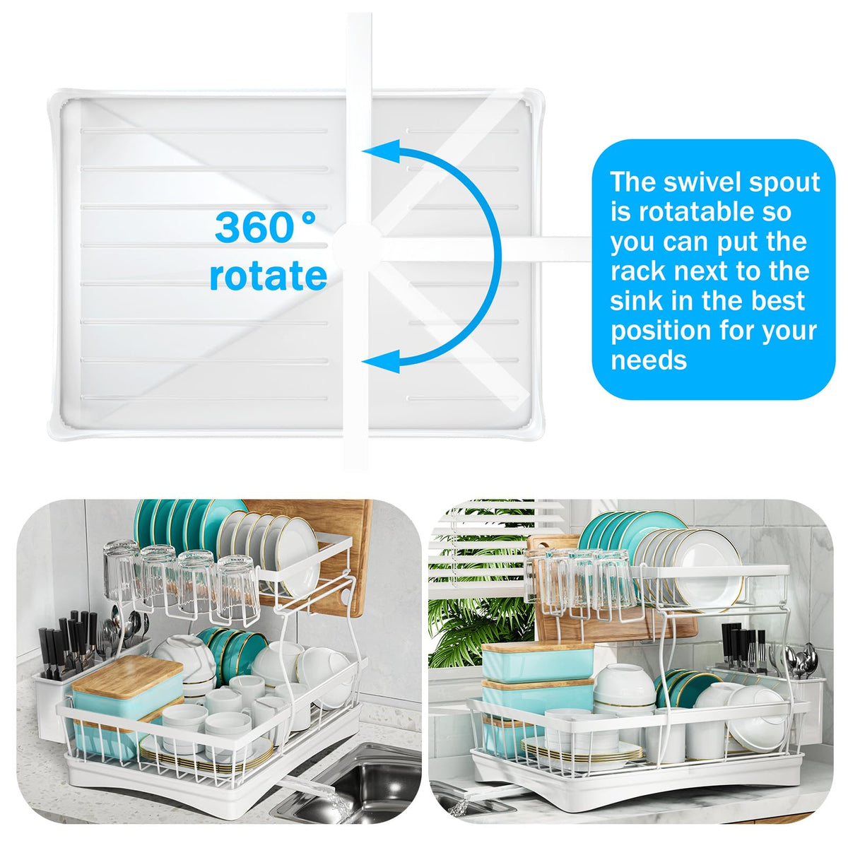 7 code detachable 2-tier dish rack with utensil holder for versatile drying