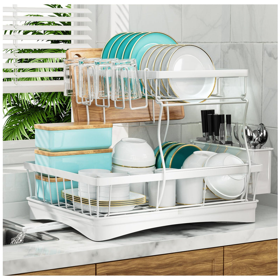 7 code large dish drying rack 2-tier on countertop keeping dishes organized and air-dried