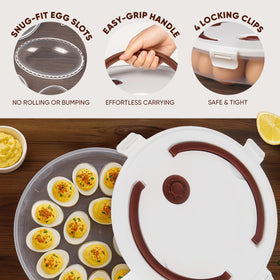 77L 34-egg platter with handle and clear trays for easy carrying.