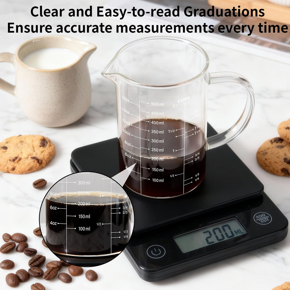 77L borosilicate glass measuring cup endures rapid temperature changes for hot or cold liquids