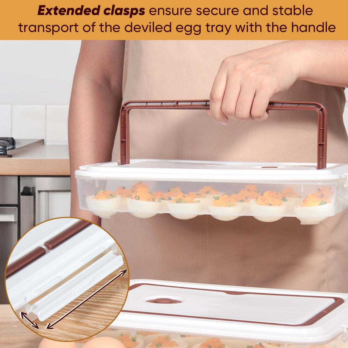 77L egg tray with handle makes carrying deviled eggs easy.